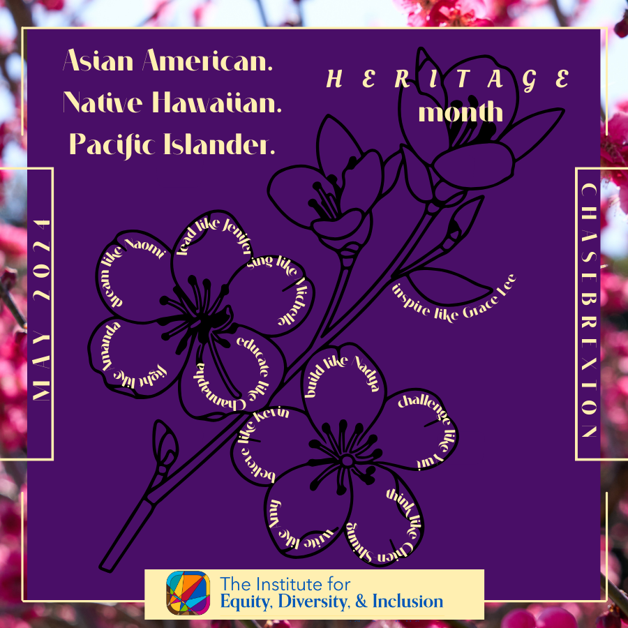 Asian American, Native Hawaiian, Pacific Islander Heritage Month. Black flower with names written in the petals. 