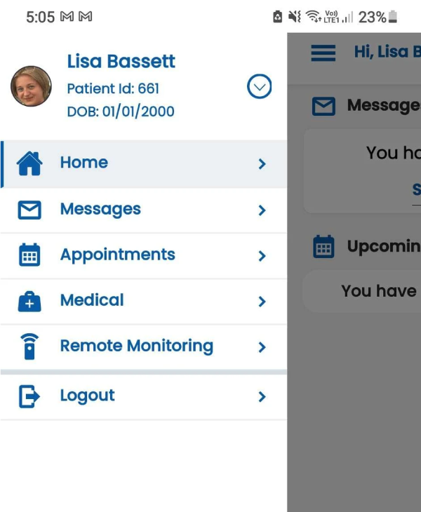 App menu showing appointment link