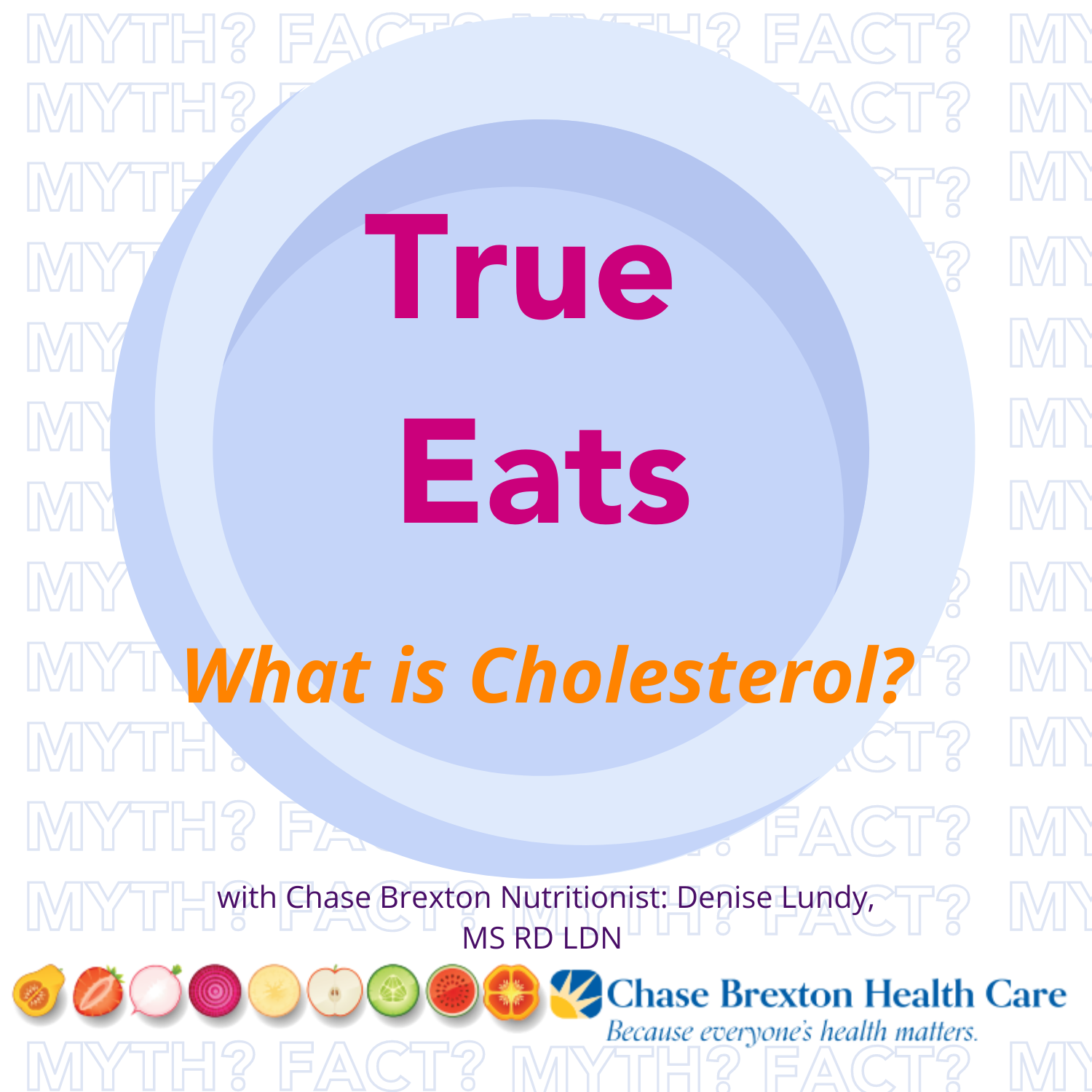 True Eats What is Cholesterol? Written over a blue plate graphic. with Chase Brexton Nutritionist Denise Lundy, MS RD LDN