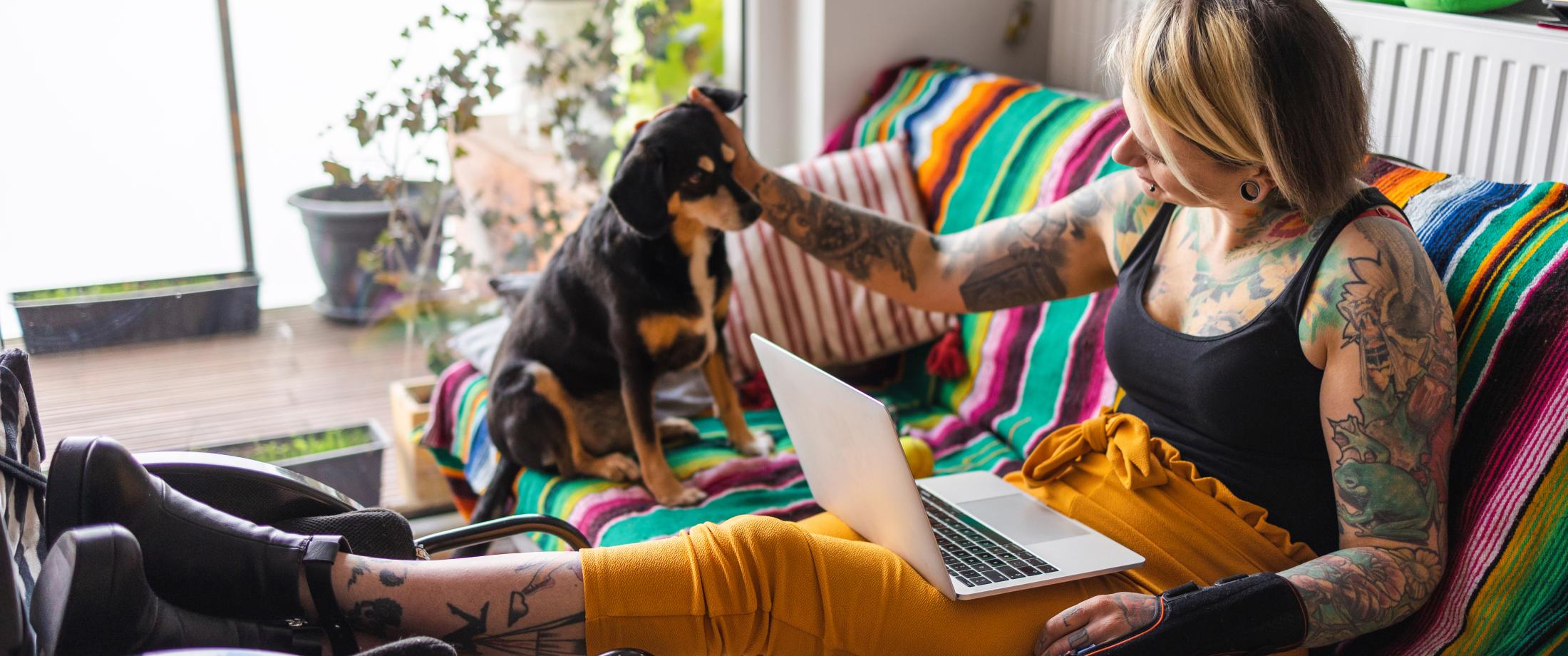 Person with a wheelchair petting dog and looking at laptop.
