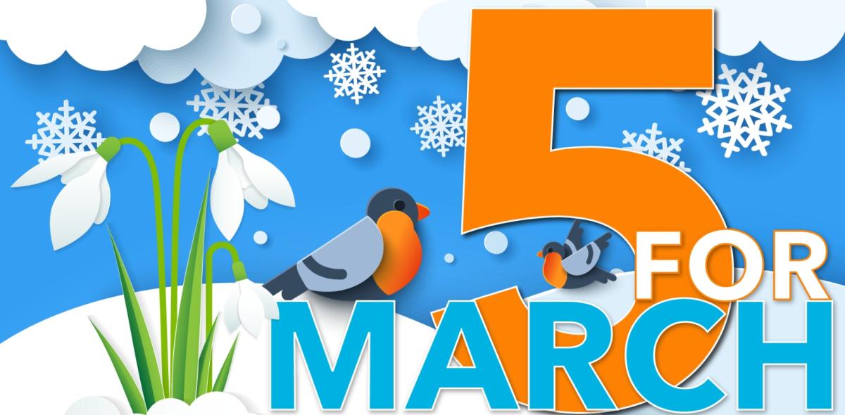5 for March. Background is a winter sky and oriole bird