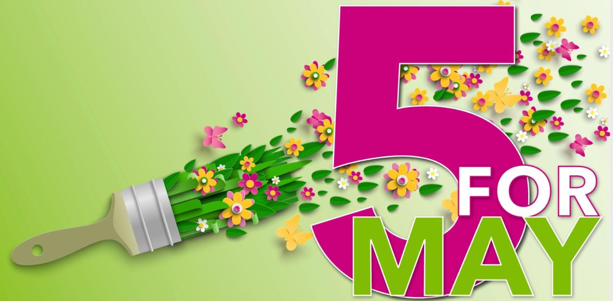 5 for May. Background is green with paintbrush painting flowers