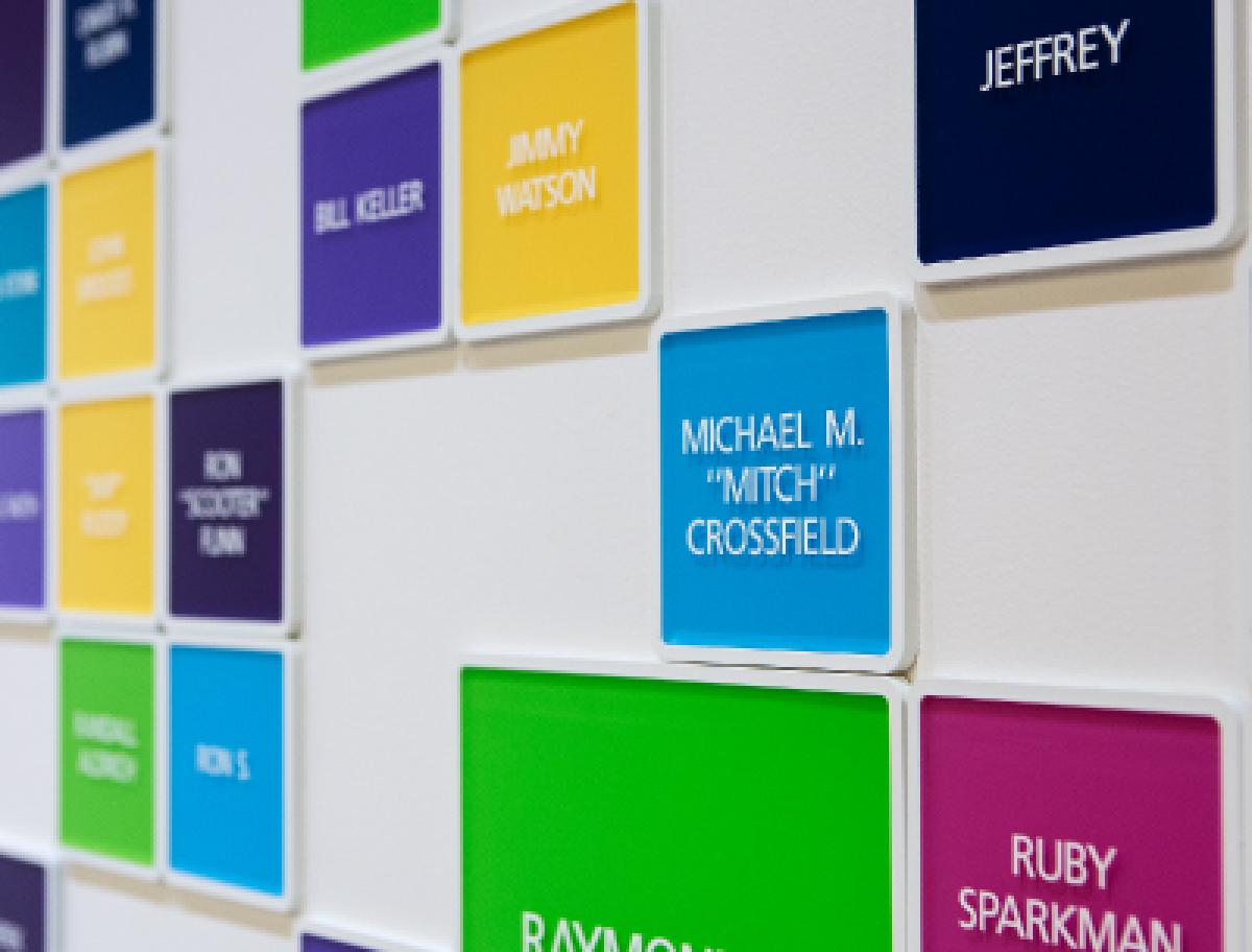 Wall with colorful squares with people's names