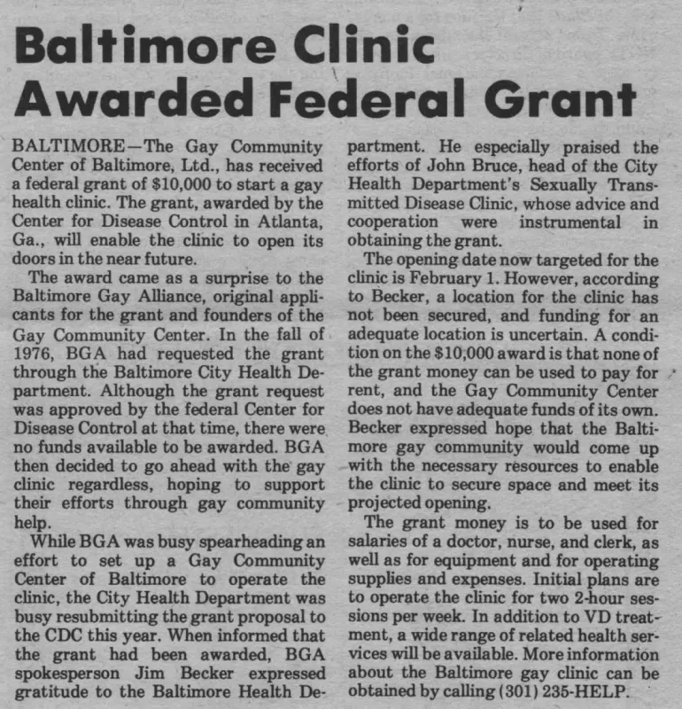 Newspaper clipping with headline, "Baltimore Clinic Awarded Federal Grant"
