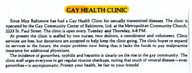 Newspaper clipping with headline, "Gay Health Clinic"