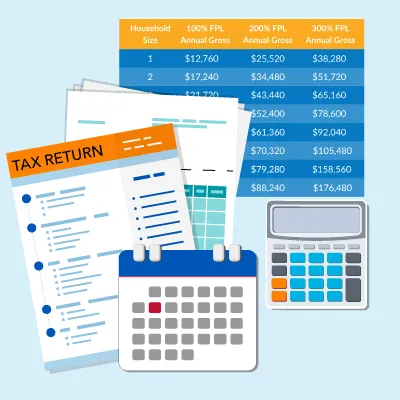 Graphic with charts and a tax return form