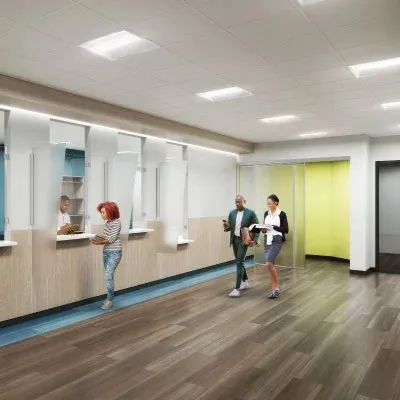 Rendering inside the pharmacy building that's clean and with three patients