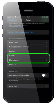 Mobile phone screenshot highlighting the Camera and Microphone options