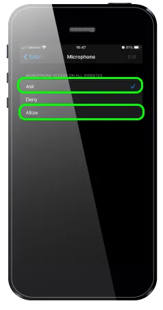 Mobile phone screenshot highlighting the Ask and Allow options