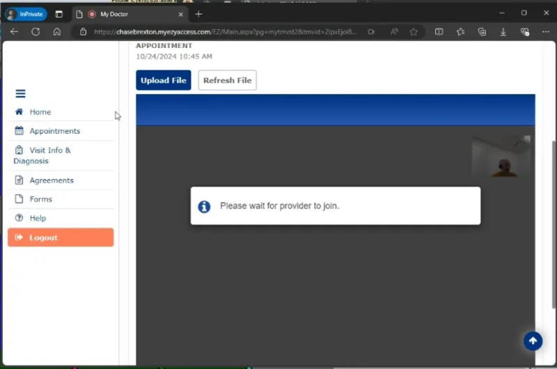 Screenshot of the portal with the virtual waiting room pop-up